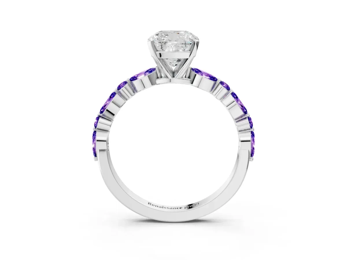 Cushion Cut Diamond Ring with Marquise and Round Tanzanite Side Stones and Four-Prong Setting White gold