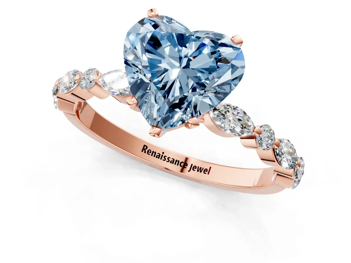 Fancy Blue Heart Cut Diamond Ring with Marquise and Round Side Stones and Four-Prong Setting Rose gold
