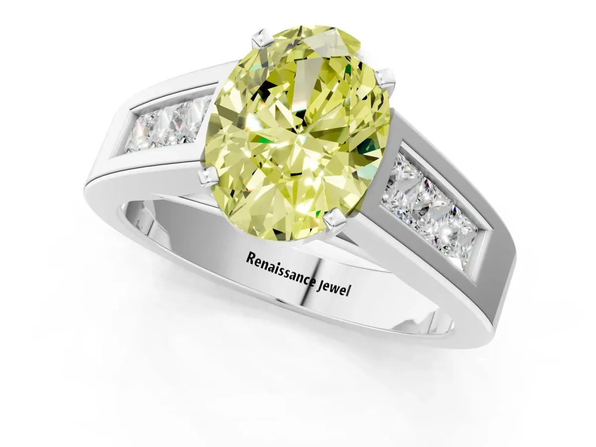 Fancy Yellow Oval Cut Cut Channel Set Solitaire Ring with Four-Prong Setting White gold