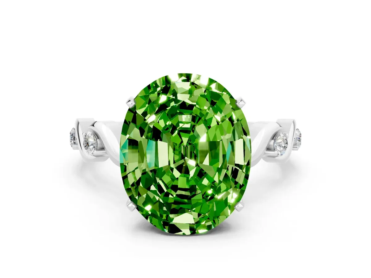 Oval Cut Peridot Solitaire Twisted Band with Round Accents and Prong Setting Silver