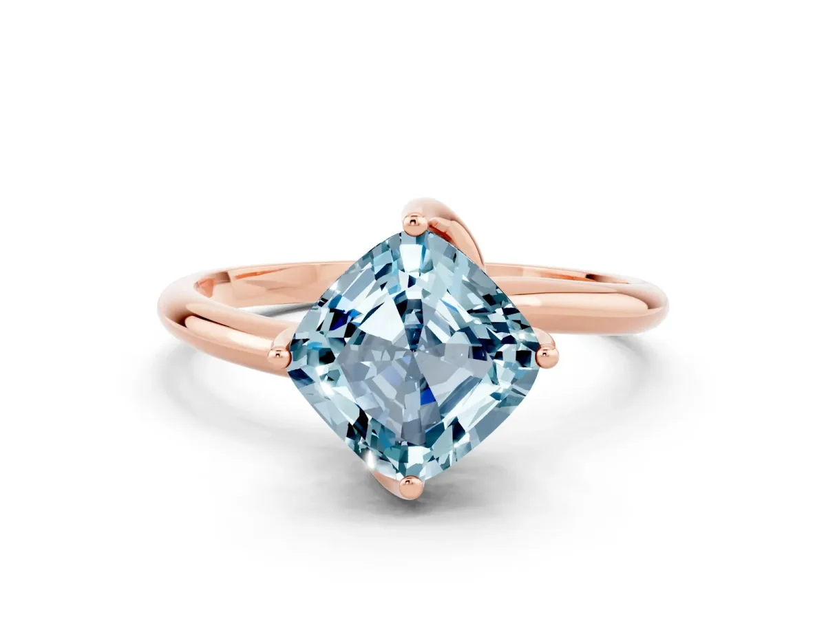 Cushion Cut Aquamarine Solitaire Engagement Ring with Four-Prong Setting and Classic Band Rose gold