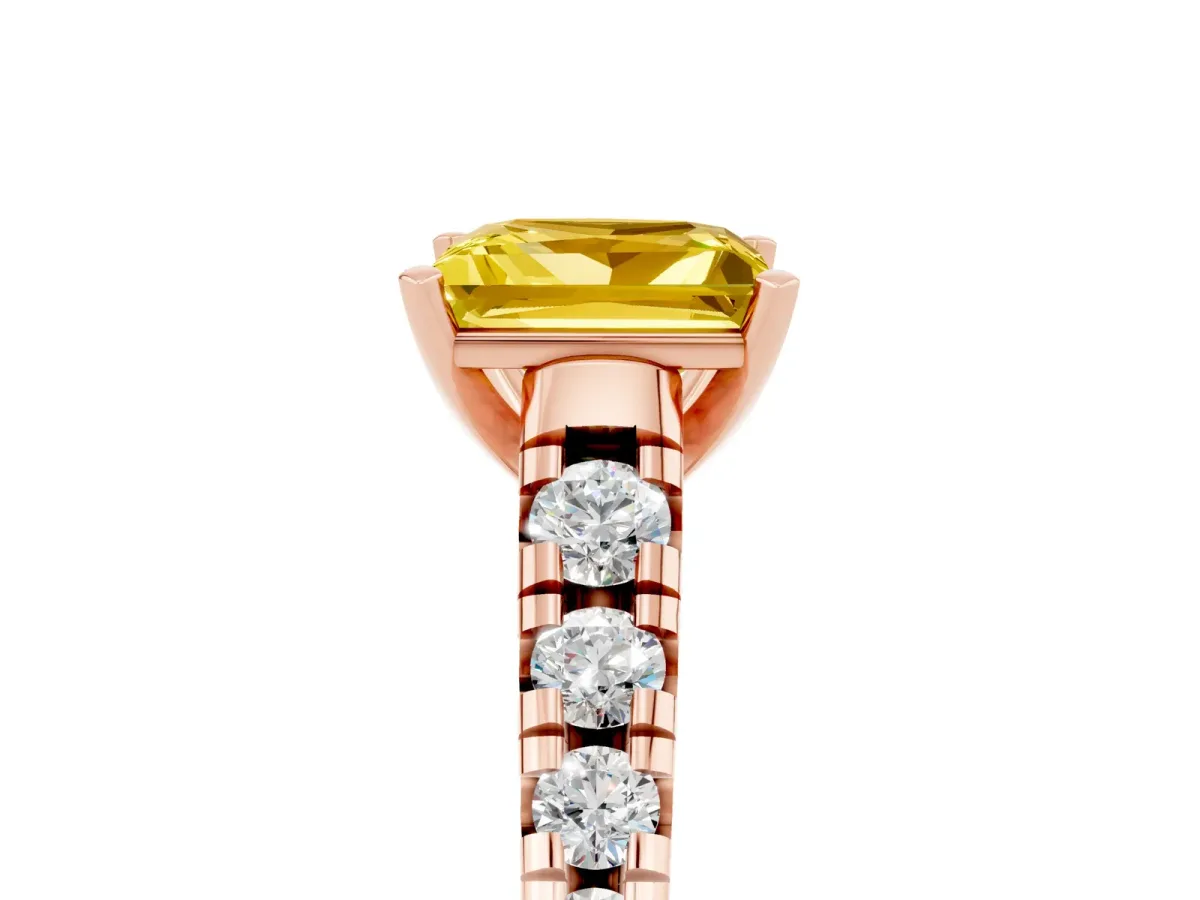 Princess Cut Yellow Sapphire Cathedral Solitaire Ring with Round Pavé Band Rose gold