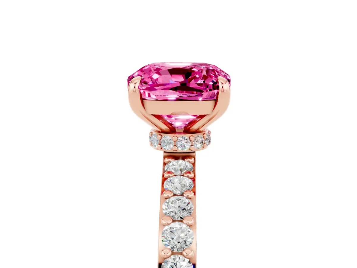 Cushion Cut Pink Sapphire Solitaire Engagement Ring with Pavé Band and Four-Prong Setting Rose gold