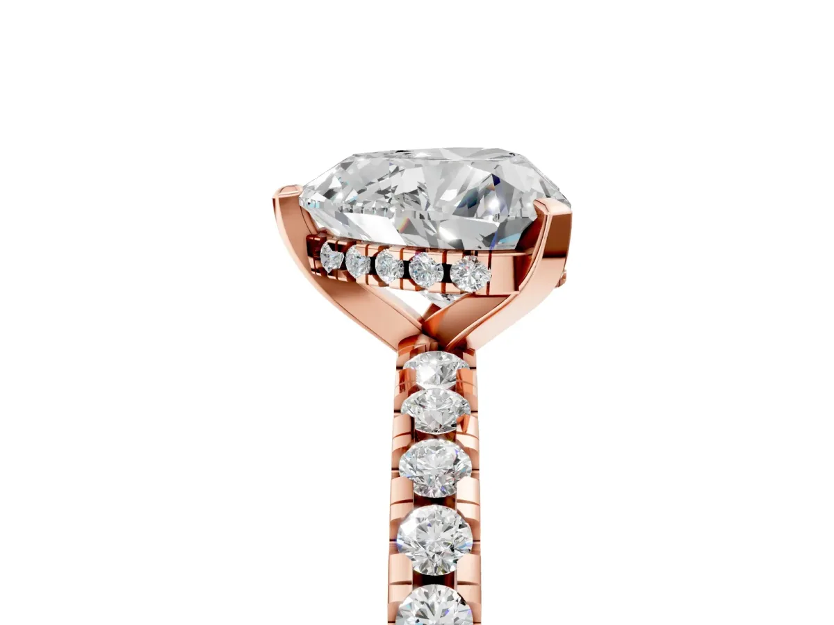Heart Cut Diamond Solitaire Ring with Round Moissanite Pavé Band and Four-Prong Setting Rose gold