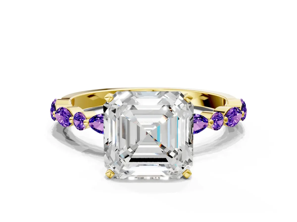 Asscher Cut Diamond Ring with Marquise and Round Tanzanite Side Stones and Four-Prong Setting Yellow gold
