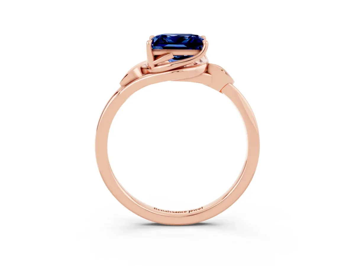 Princess Cut Blue Sapphire Solitaire Ring with Twist Band and Four-Prong Setting Rose gold