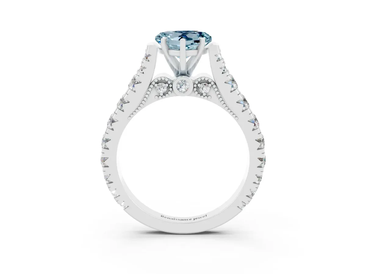 Heart Cut Aquamarine Classic Solitaire Ring with Pavé Band and Four-Prong Setting White gold