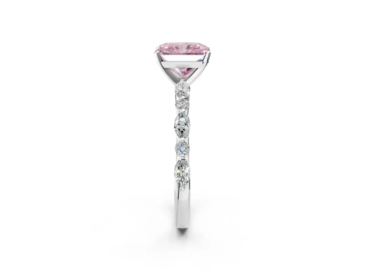 Fancy Pink Radiant Cut Diamond Ring with Marquise and Round Side Stones and Four-Prong Setting White gold