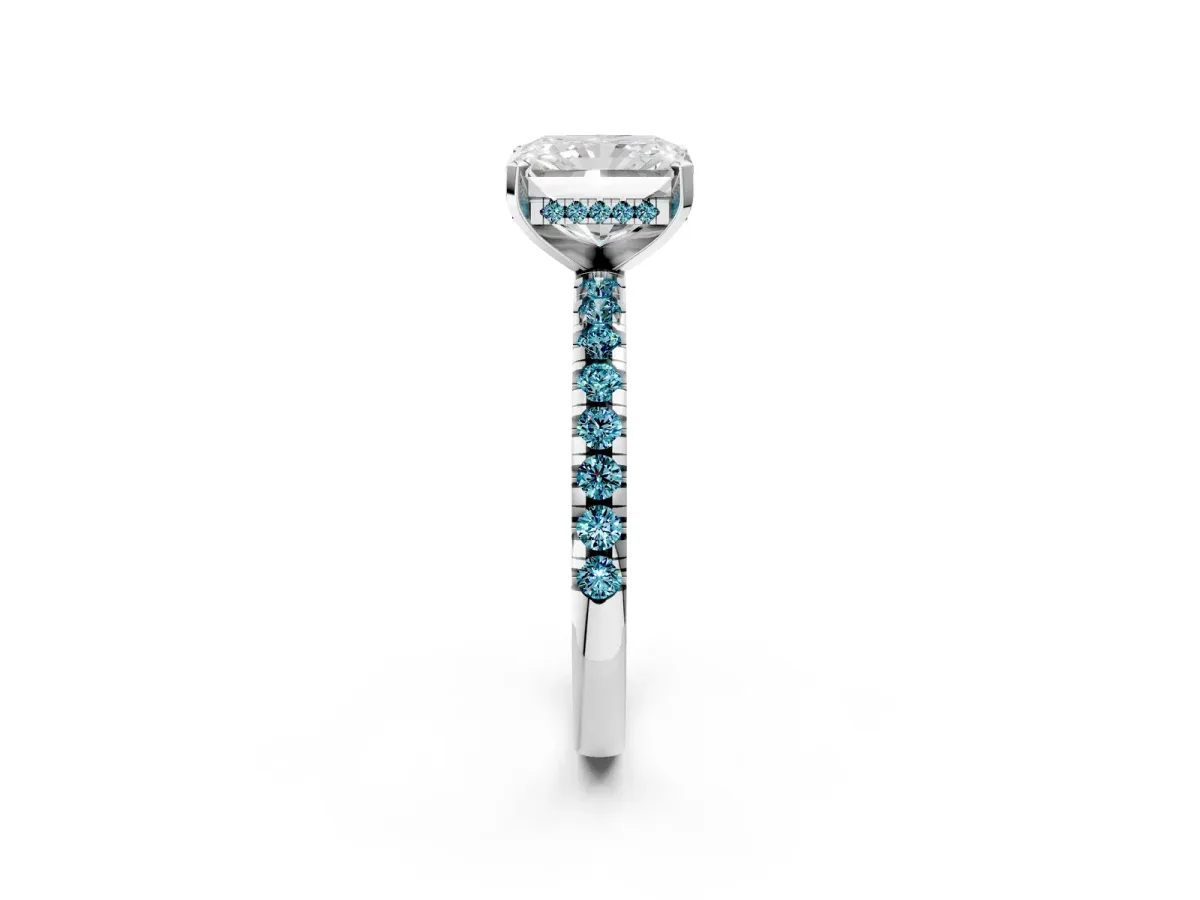 Radiant Cut Diamond Solitaire Ring with Round Blue Topaz Pavé Band and Four-Prong Setting White gold