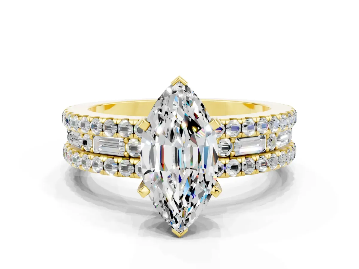 Marquise Cut Moissanite Solitaire Ring with Pavé and Channel Set Band Yellow gold