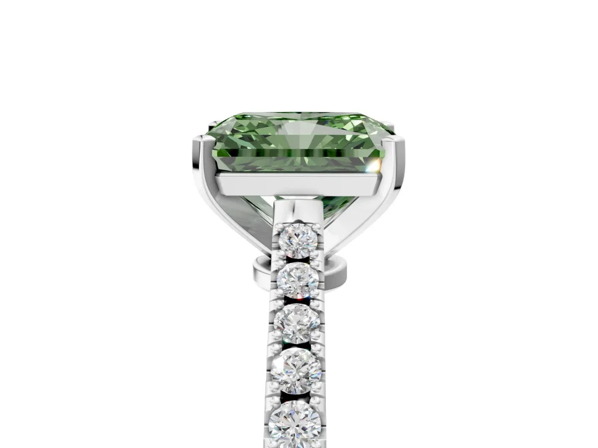 Fancy Green Radiant Cut Cut Solitaire Diamond Engagement Ring with Pave Band and Four-Prong Setting White gold
