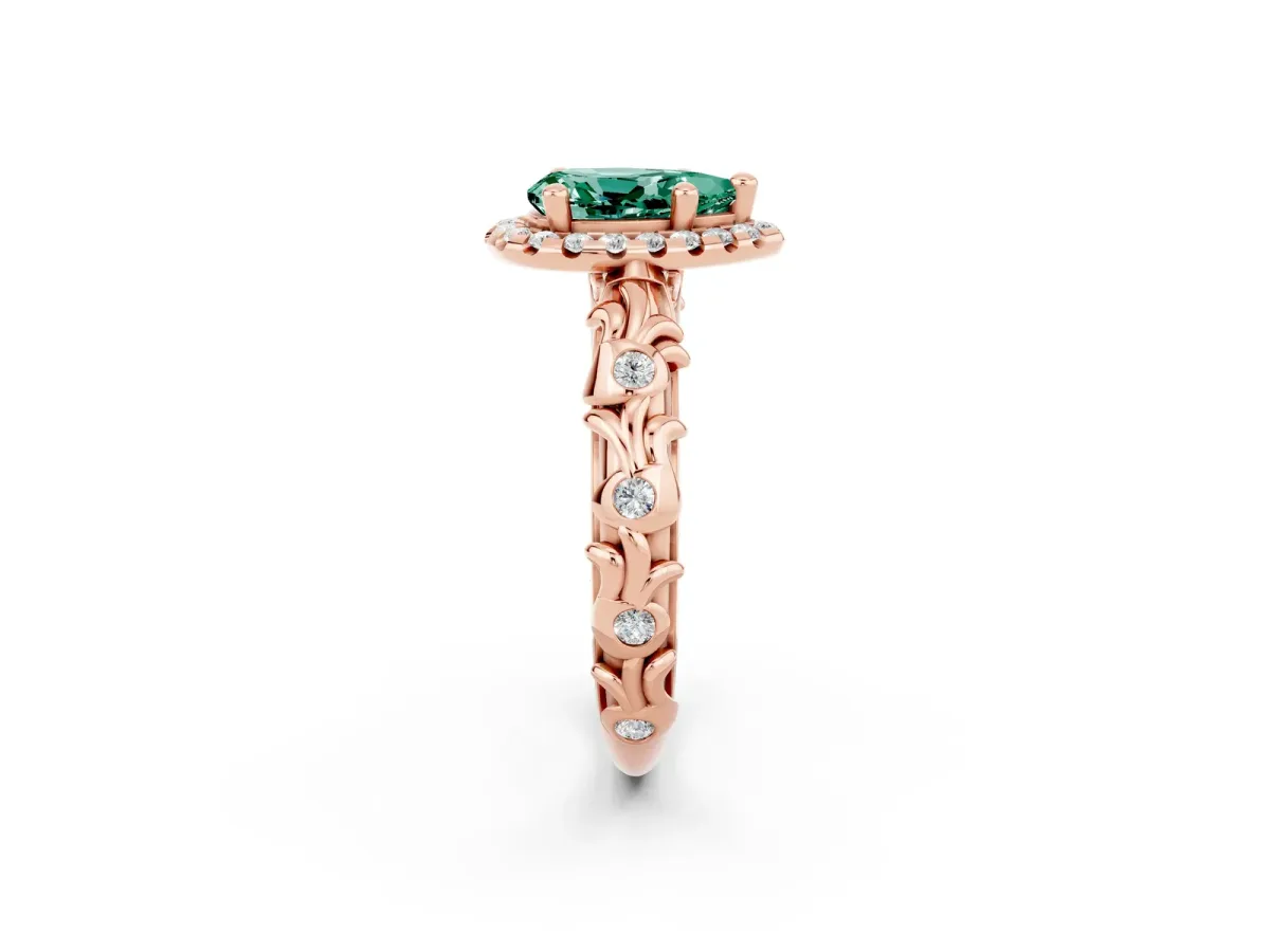 Pear Cut Green Sapphire Halo Ring with Filigree Band and Prong Setting Rose gold