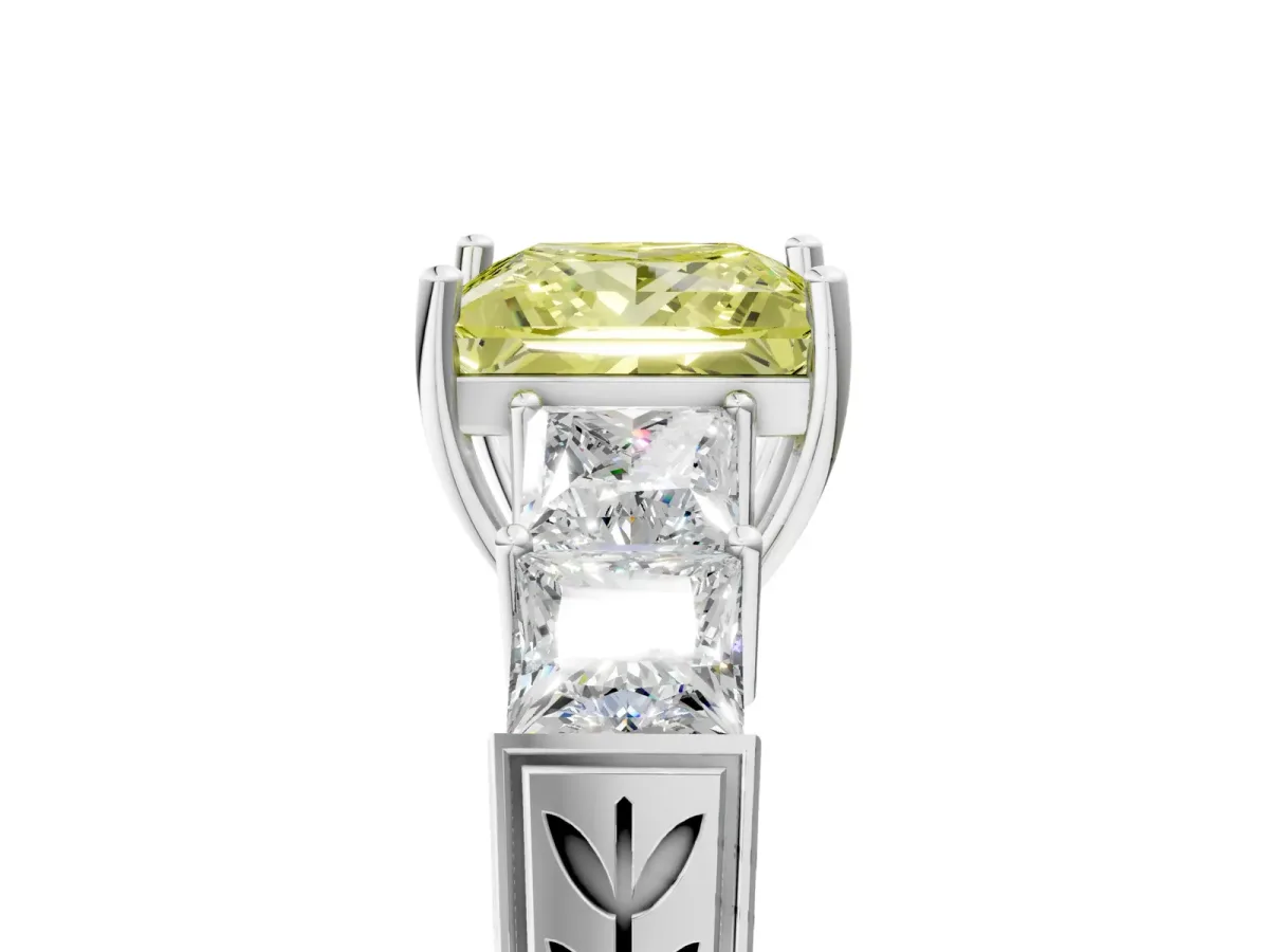 Fancy Yellow Princess Cut Solitaire Princess Side Stone Engraved Band Prong Setting Ring Silver