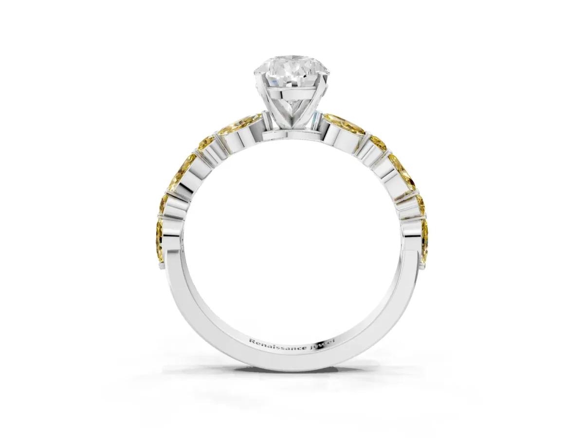 Pear Cut Diamond Ring with Marquise and Round Yellow Sapphire Side Stones and Four-Prong Setting White gold