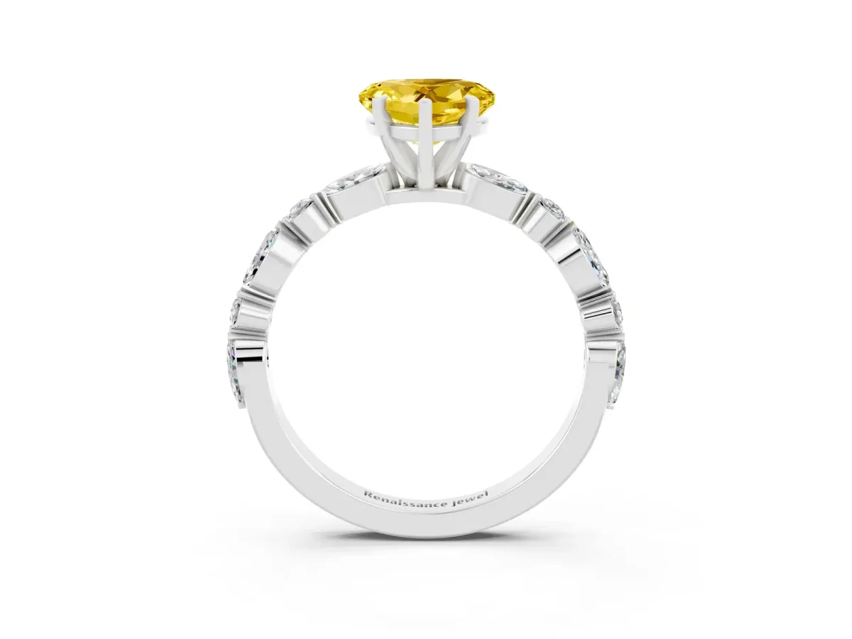 Heart Cut Yellow Sapphire Ring with Marquise and Round Side Stones and Four-Prong Setting White gold