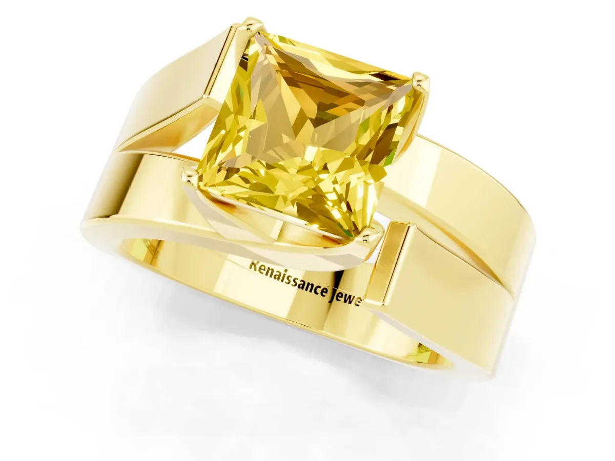 Modern Tension Set Princess Cut Yellow Sapphire Solitaire Wide Band Ring Yellow gold