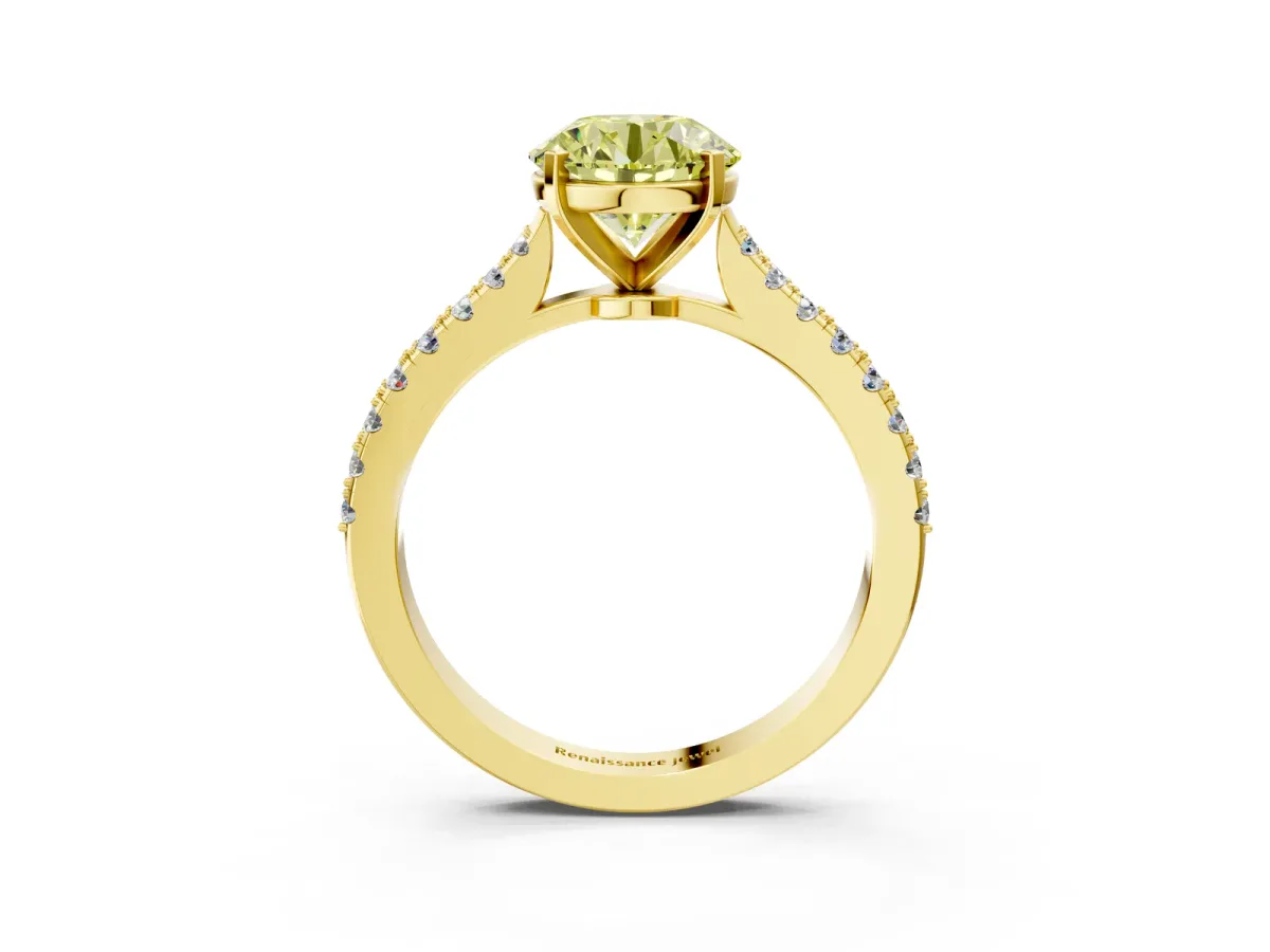 Fancy Yellow Asscher Cut Cut Solitaire Diamond Engagement Ring with Pave Band and Four-Prong Setting Yellow gold