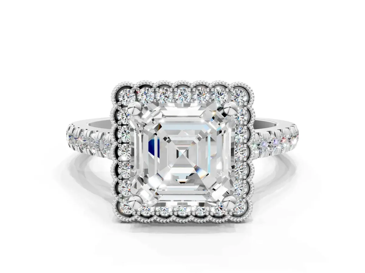 Asscher Cut Cut Diamond Milgrain Floral Halo Engagement Ring with Pavé Band Platinum