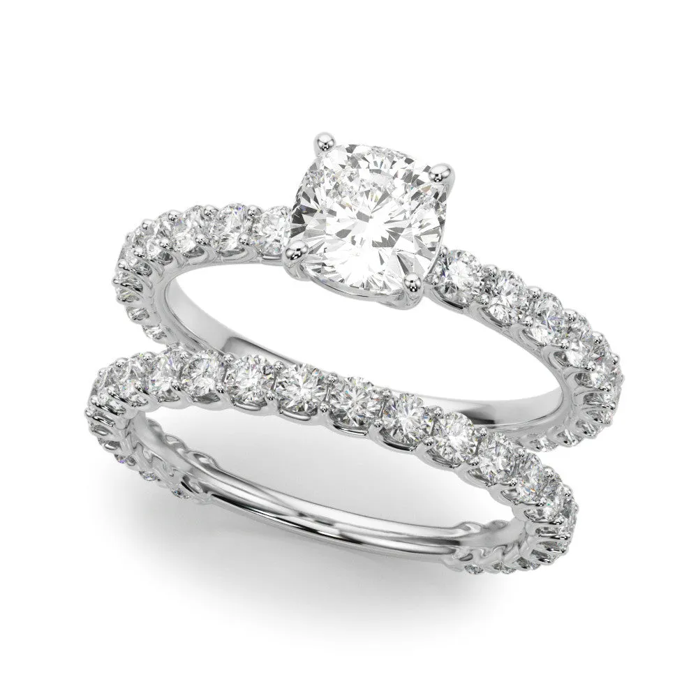 Radiant Cut Cut Diamond Solitaire Ring with U-Prong Diamond Band and Four Prong Setting Silver