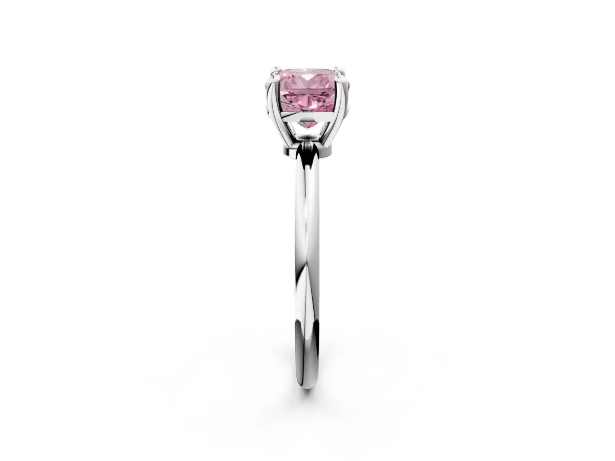 Fancy Pink Cushion Cut Solitaire Diamond Ring with 4-Prong Setting on a Classic Band Silver