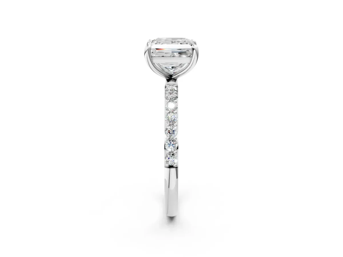 Princess Cut Diamond Solitaire Ring with Round Pavé Band and Prong Setting White gold