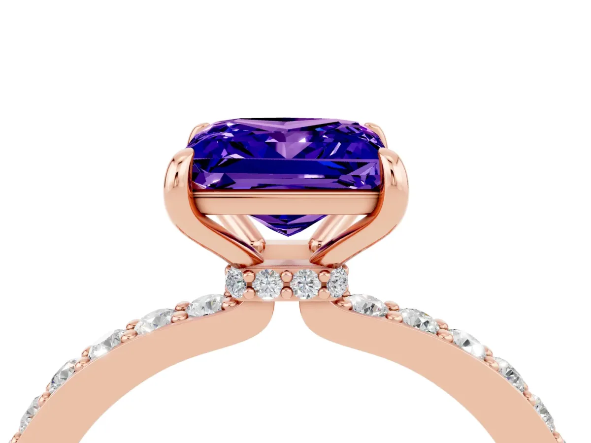 Princess Cut Tanzanite Solitaire Engagement Ring with Pavé Band and Four-Prong Setting Rose gold