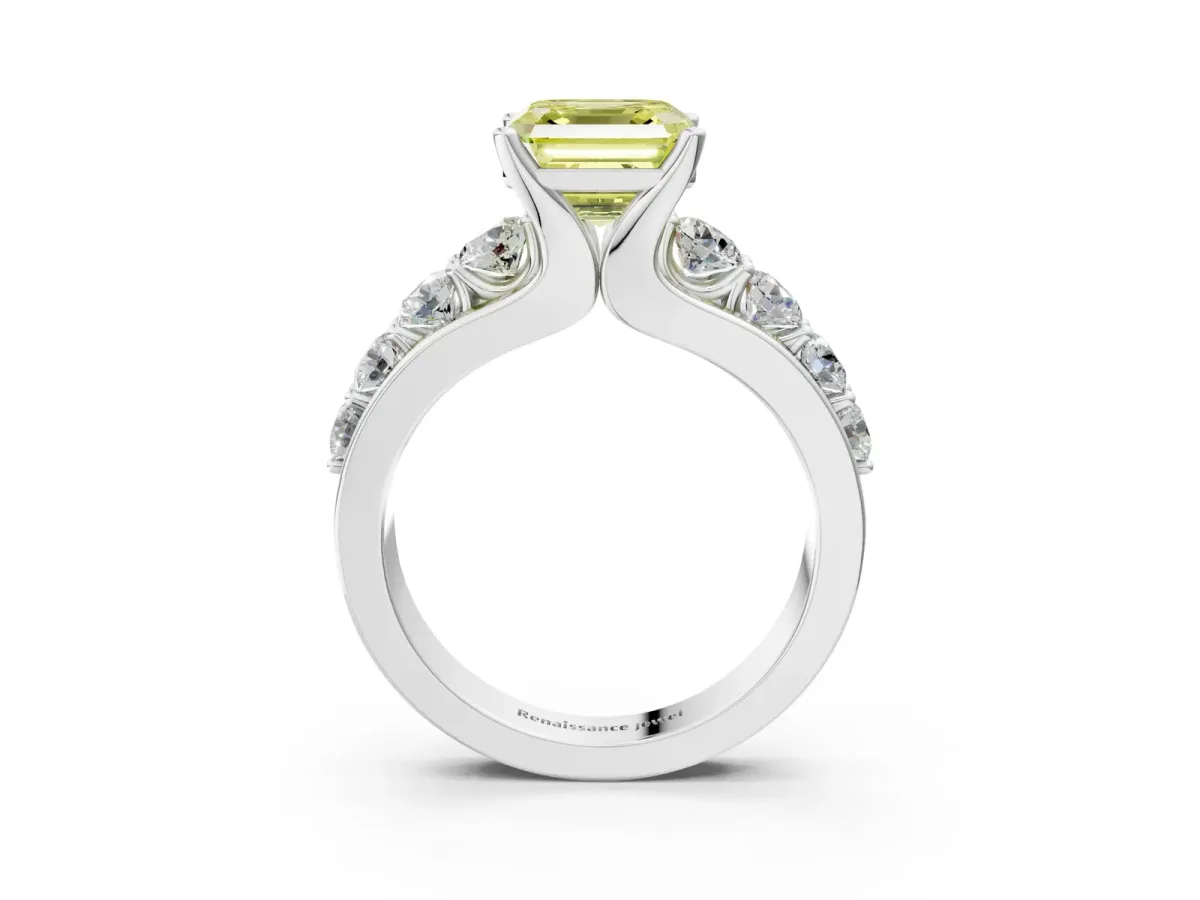 Fancy Yellow Asscher Cut Brilliant Solitaire with Side Stones on a Pave Band and Four-Prong Setting Platinum
