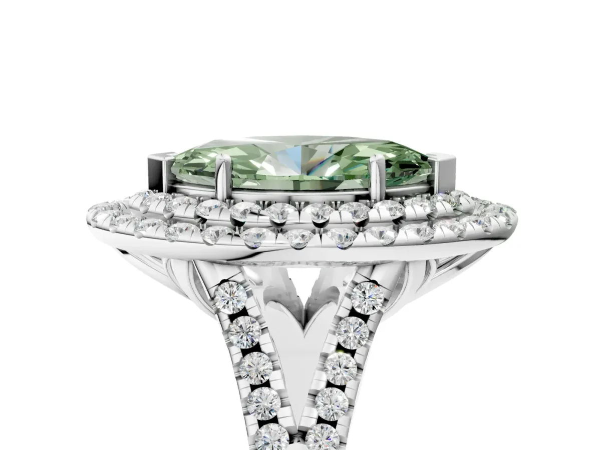 Fancy Green Double Halo Marquise Cut Diamond Pavé Split Shank Ring with Prong Setting Silver