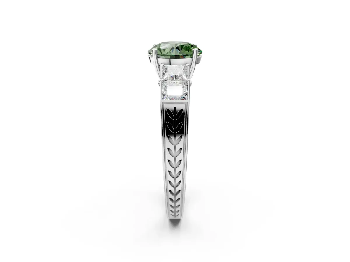 Fancy Green Round Cut Solitaire Princess Side Stone Engraved Band Prong Setting Ring Silver