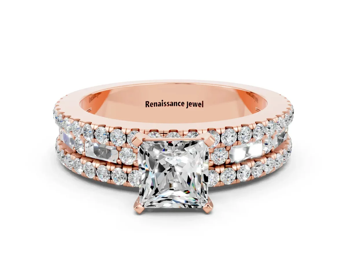 Princess Cut Moissanite Solitaire Ring with Pavé and Channel Set Band Rose gold