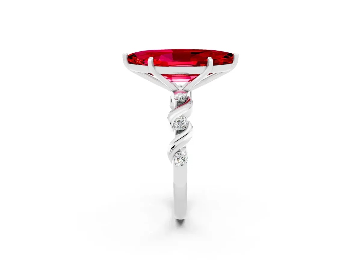 Marquise Cut Ruby Solitaire Twisted Band with Round Accents and Prong Setting Silver