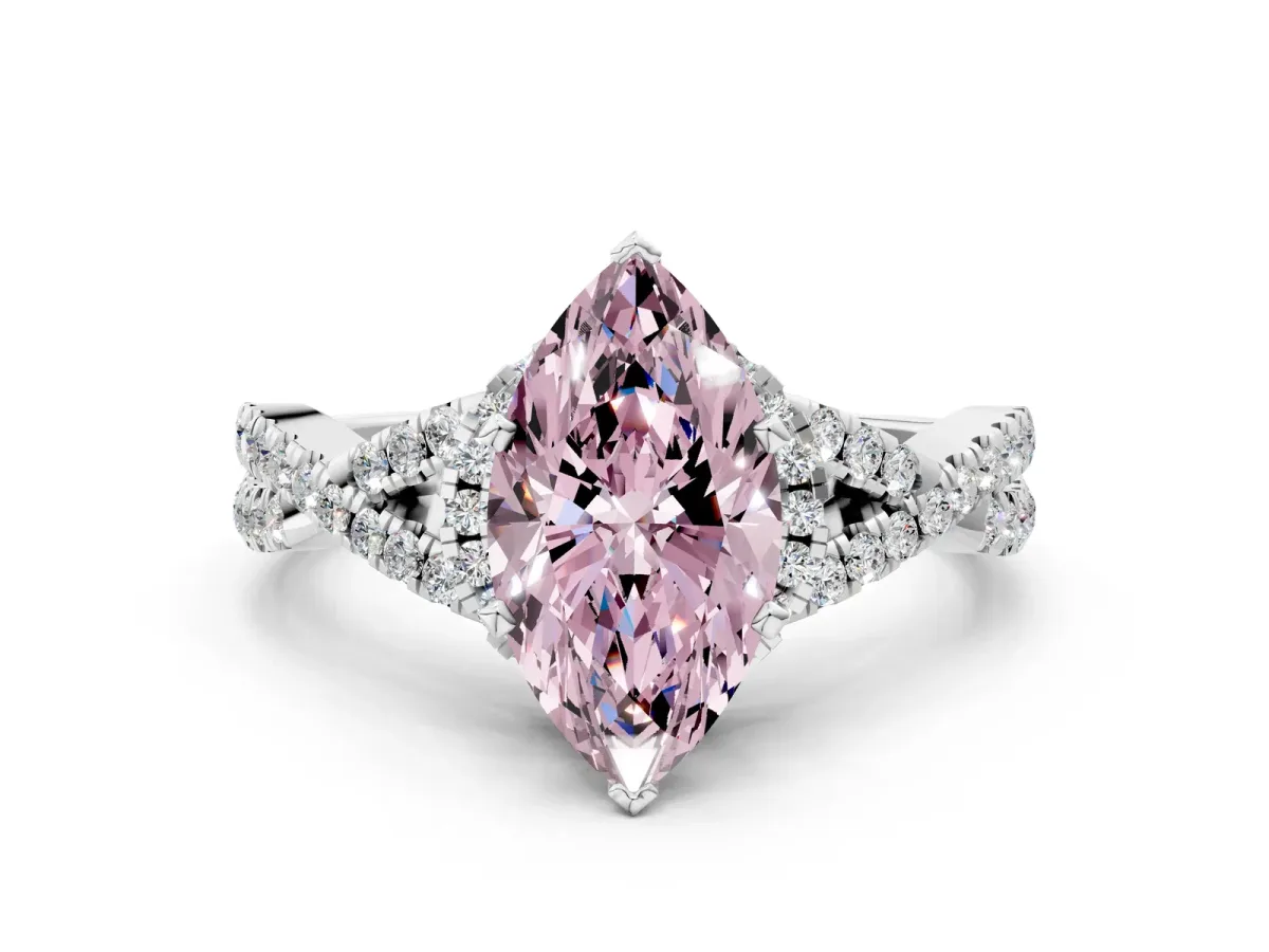 Fancy Pink Marquise Cut Diamond Halo Twist Band Solitaire Prong Setting Ring White gold