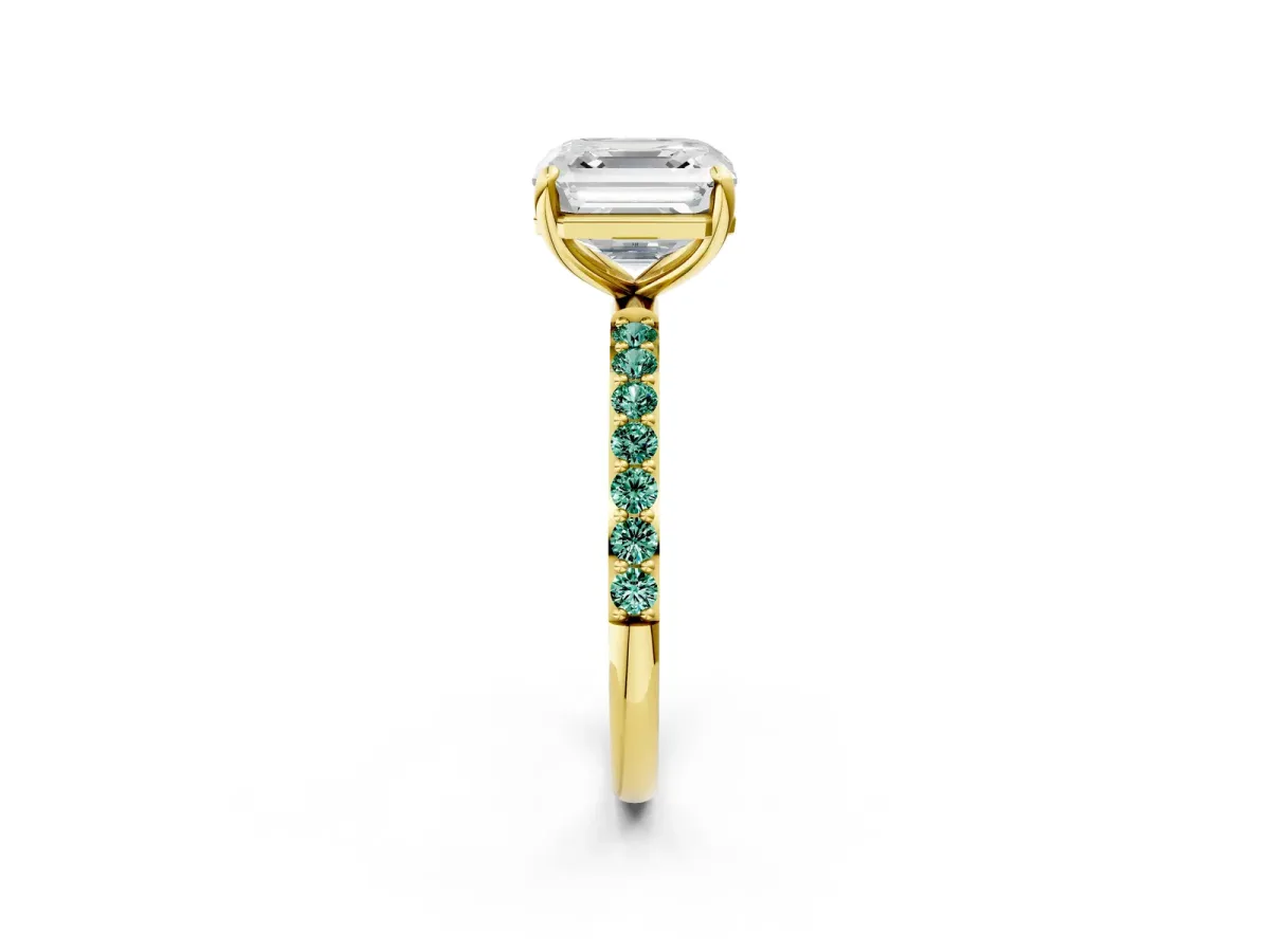 Asscher Cut Diamond Solitaire Ring with Round Green Sapphire Pavé Band and Prong Setting Yellow gold