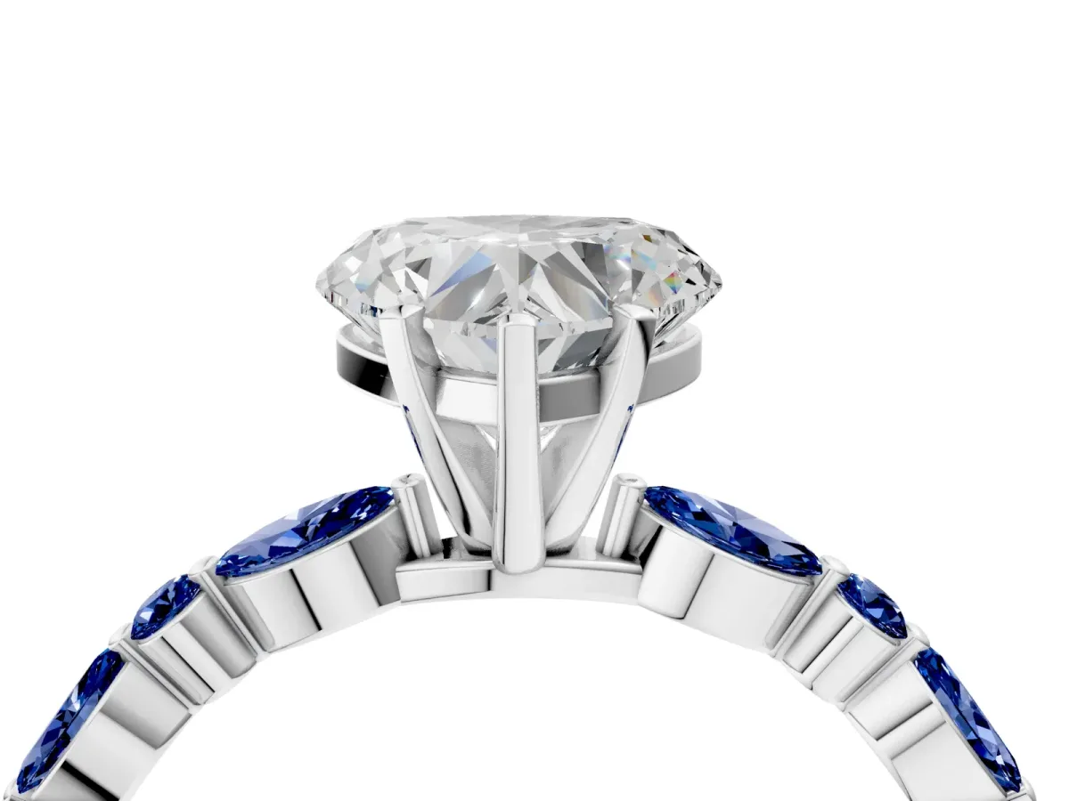 Heart Cut Diamond Ring with Marquise and Round Blue Sapphire Side Stones and Four-Prong Setting White gold