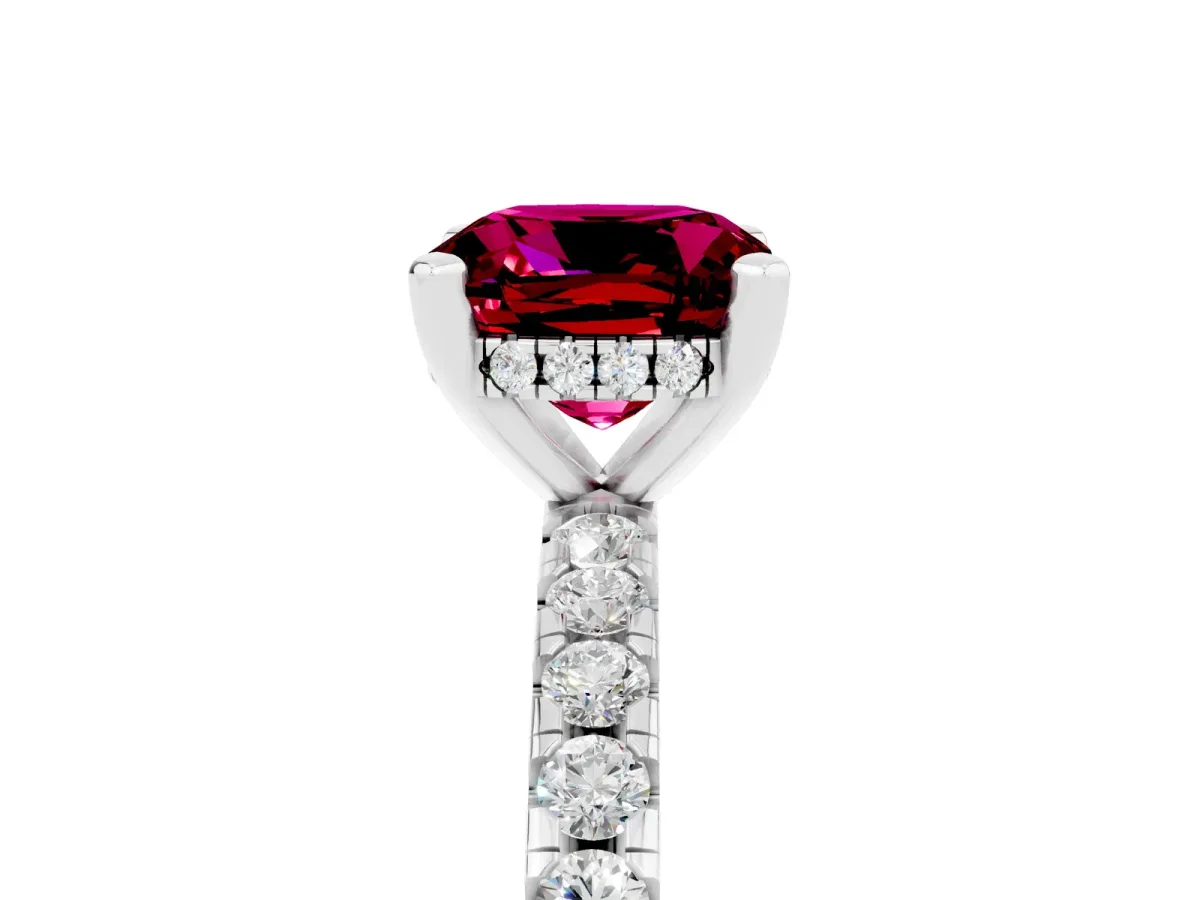 Cushion Cut Garnet Solitaire Ring with Round Pavé Band and Four-Prong Setting Silver