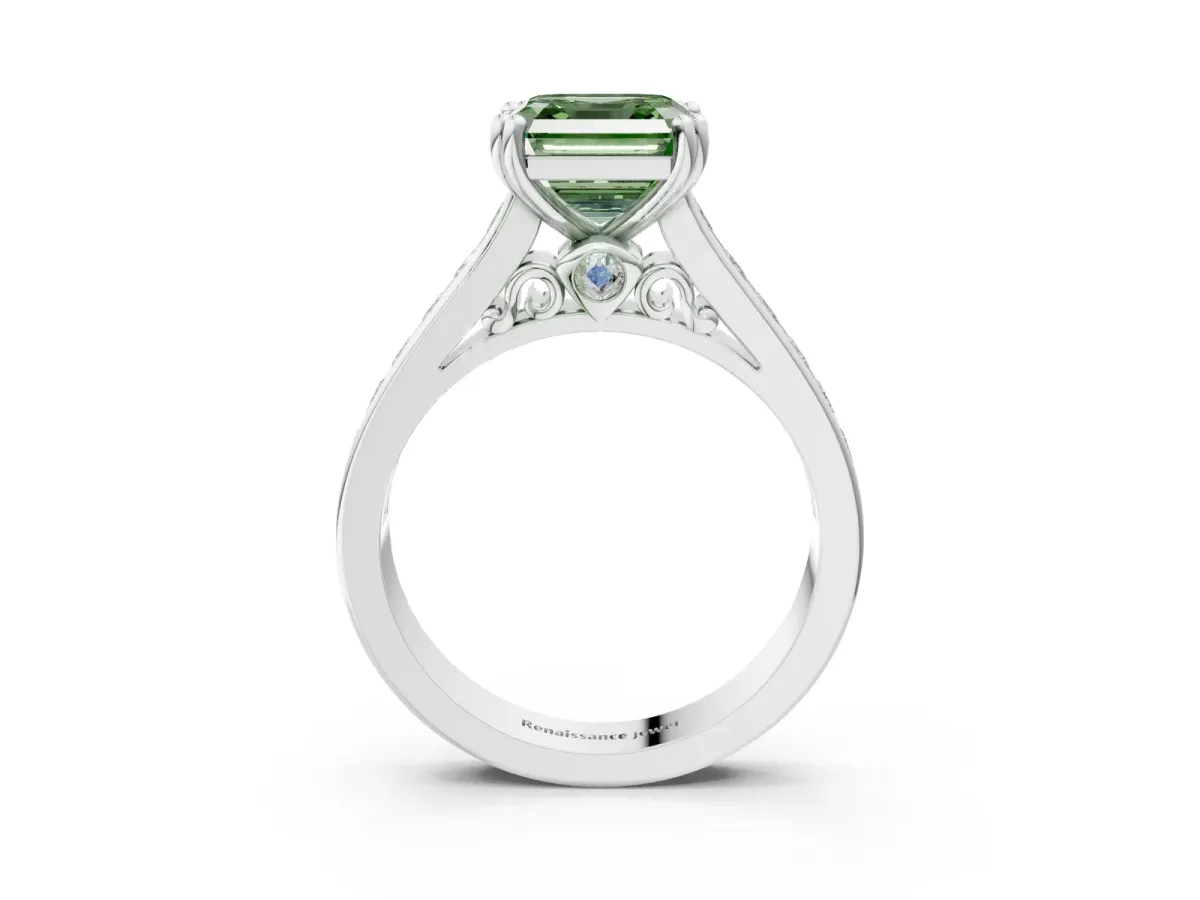 Fancy Green Asscher Cut Cut Channel Set Solitaire Engagement Ring with Prong Setting Platinum