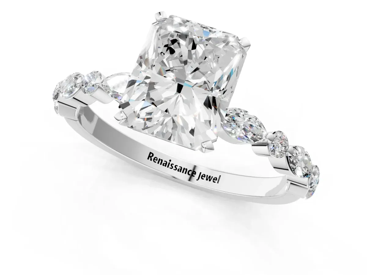 Radiant Cut Diamond Ring with Marquise and Round Moissanite Side Stones and Four-Prong Setting Platinum