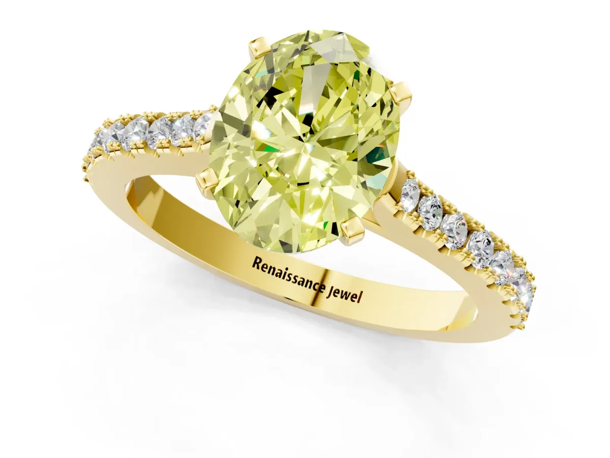 Fancy Yellow Oval Cut Cut Solitaire Diamond Engagement Ring with Pave Band and Four-Prong Setting Yellow gold