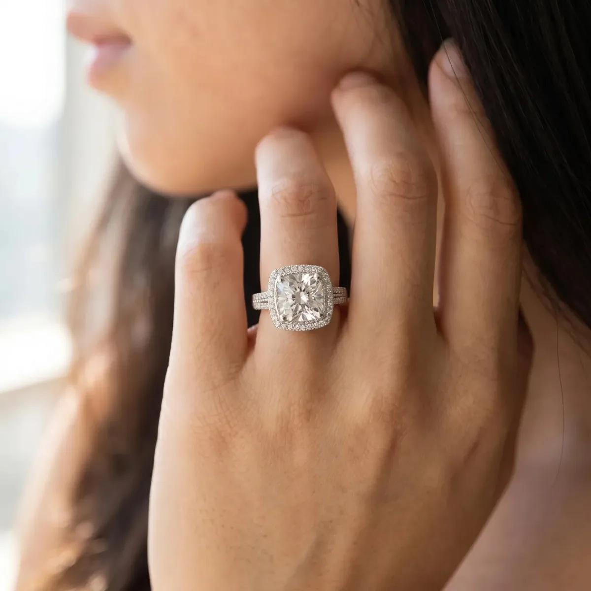 Cushion Cut Diamond Double Halo Ring with Split Shank and Four-Prong Setting Silver