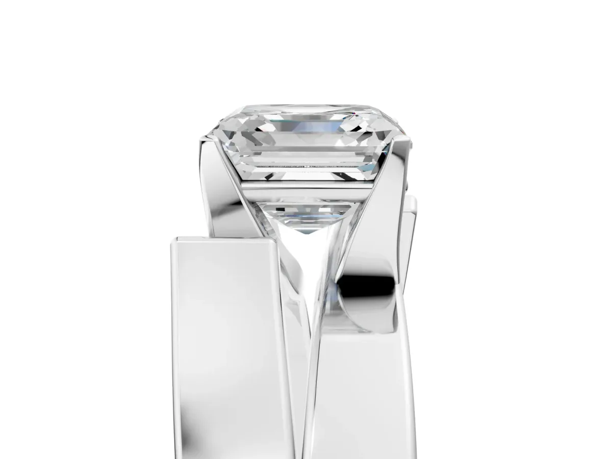 Modern Tension Set Asscher Cut Diamond Solitaire Wide Band Ring Platinum