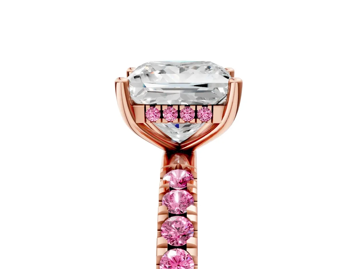 Princess Cut Diamond Pave Band Solitaire Ring with Round Pink Sapphire and Prong Setting Rose gold