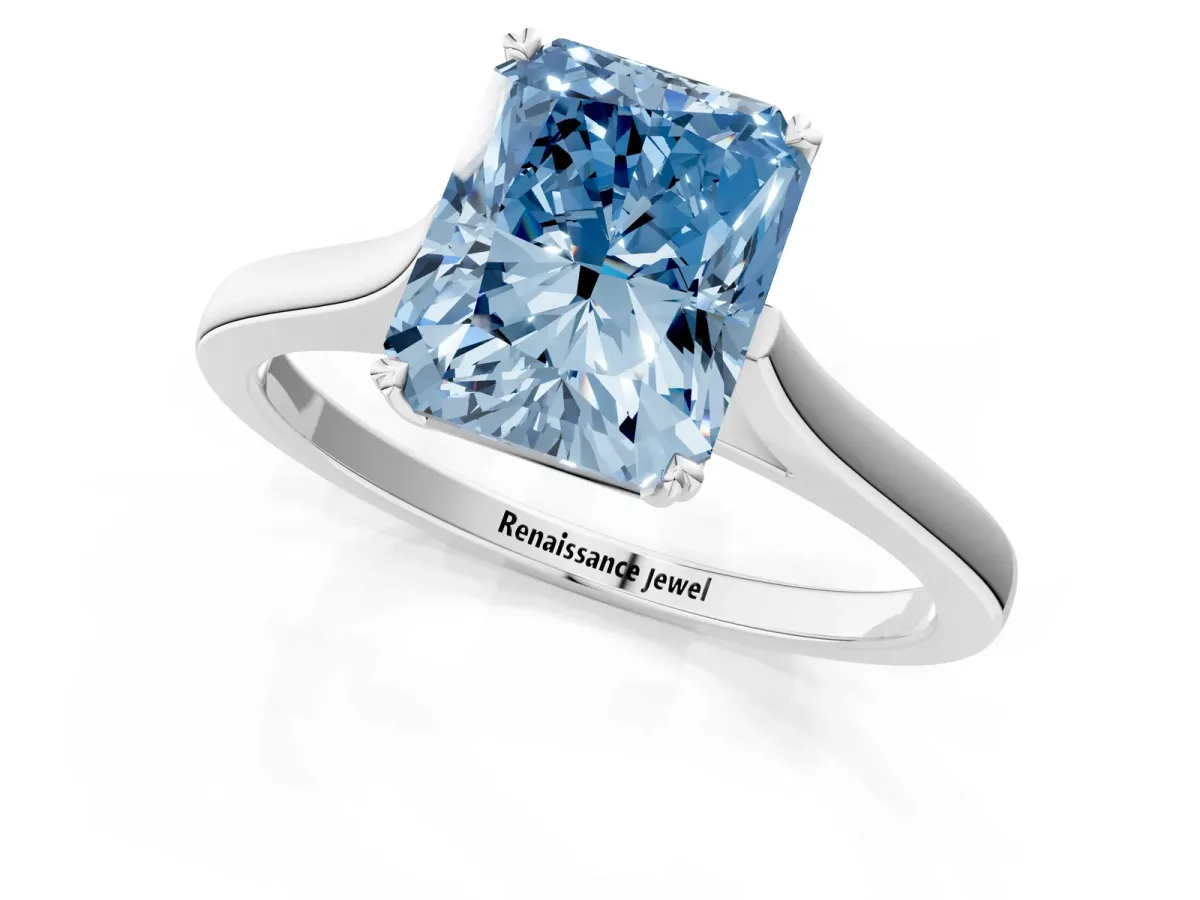 Fancy Blue Radiant Cut Solitaire Heart Prong Engagement Ring with Tapered Band Platinum