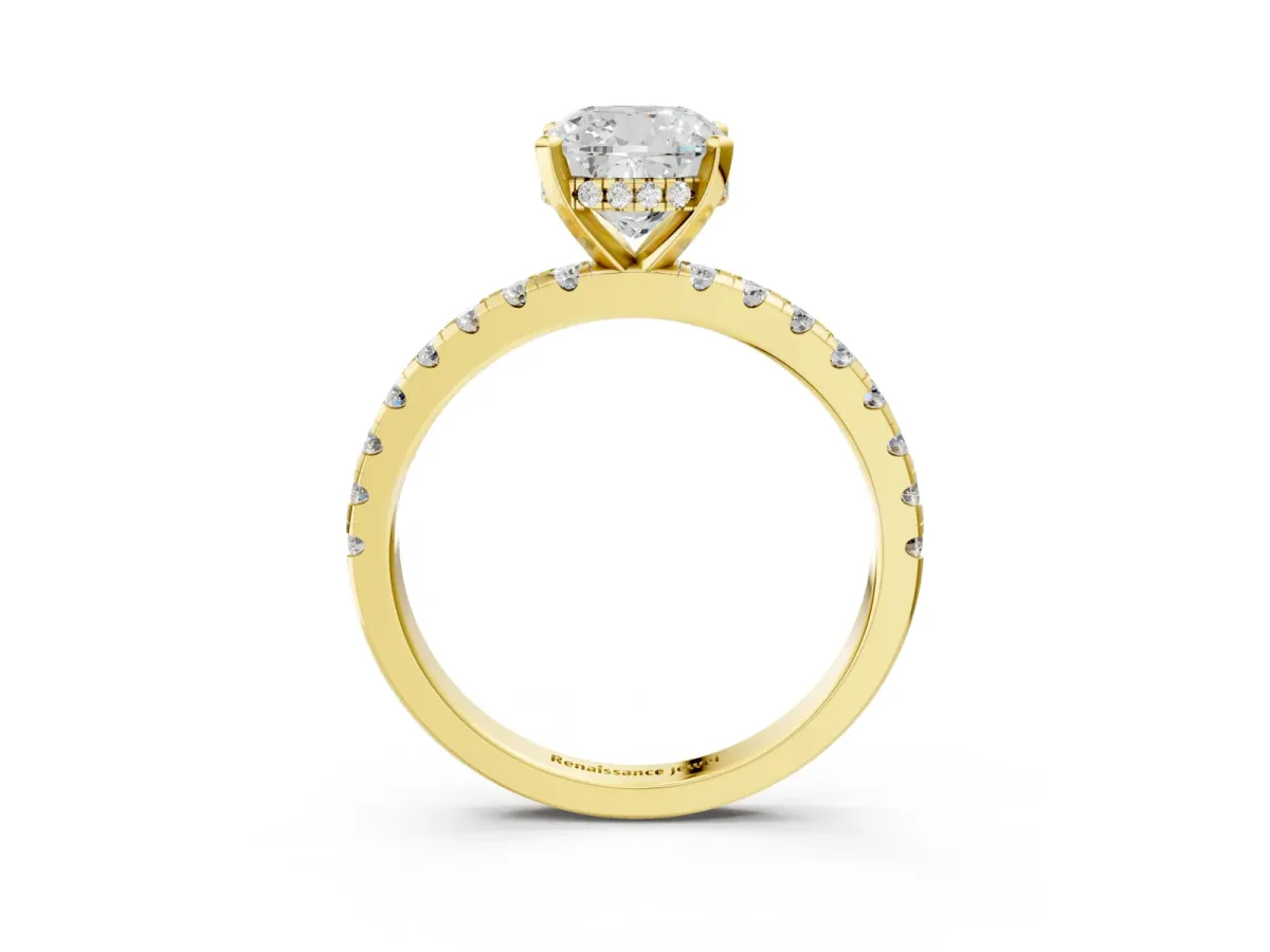 Cushion Cut Diamond Solitaire Ring with Round Moissanite Pavé Band and Four-Prong Setting Yellow gold