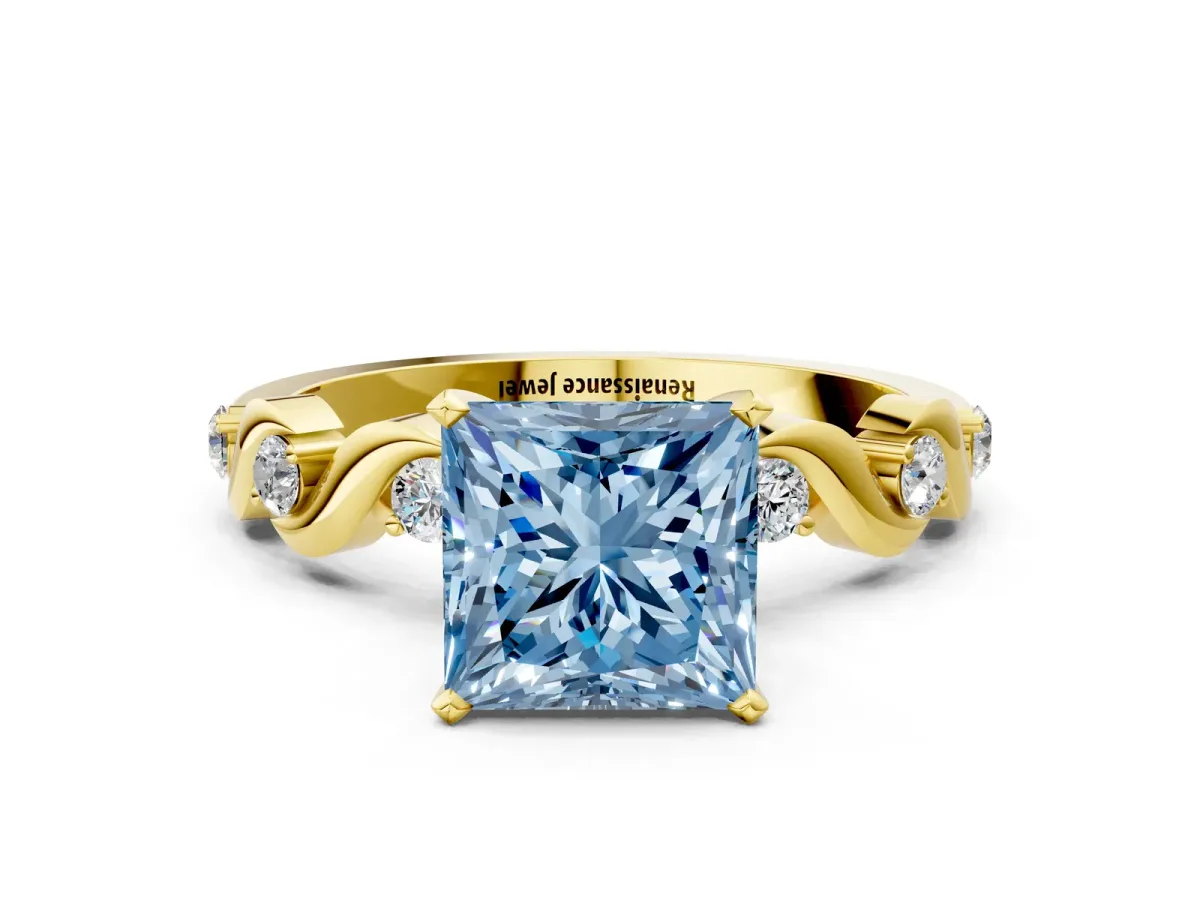 Fancy Blue Princess Cut Diamond Solitaire Twisted Band with Round Accents and Prong Setting Yellow gold