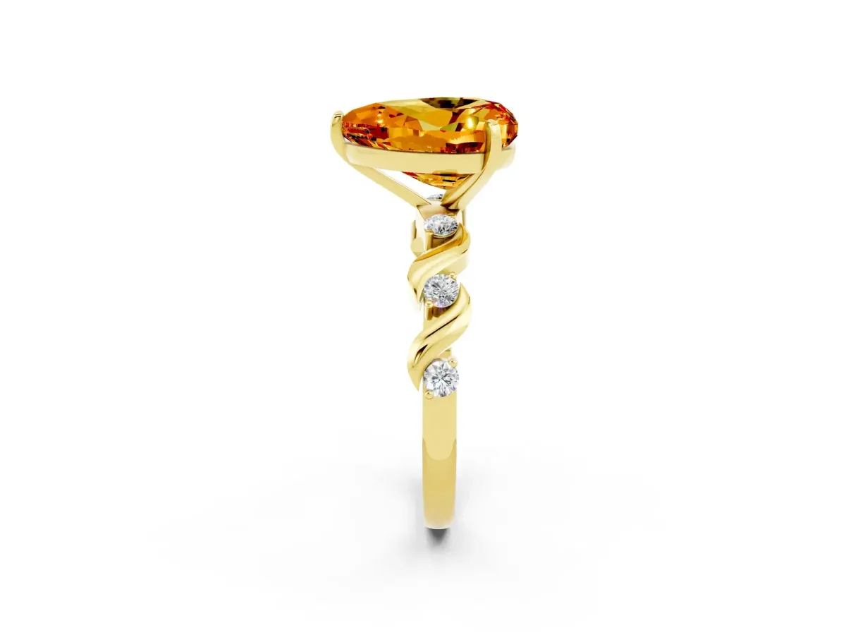 Heart Cut Citrine Solitaire Twisted Band with Round Accents and Prong Setting Yellow gold