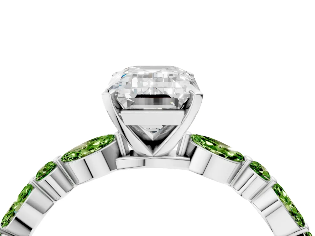 Emerald Cut Diamond Ring with Marquise and Round Peridot Side Stones and Four-Prong Setting White gold