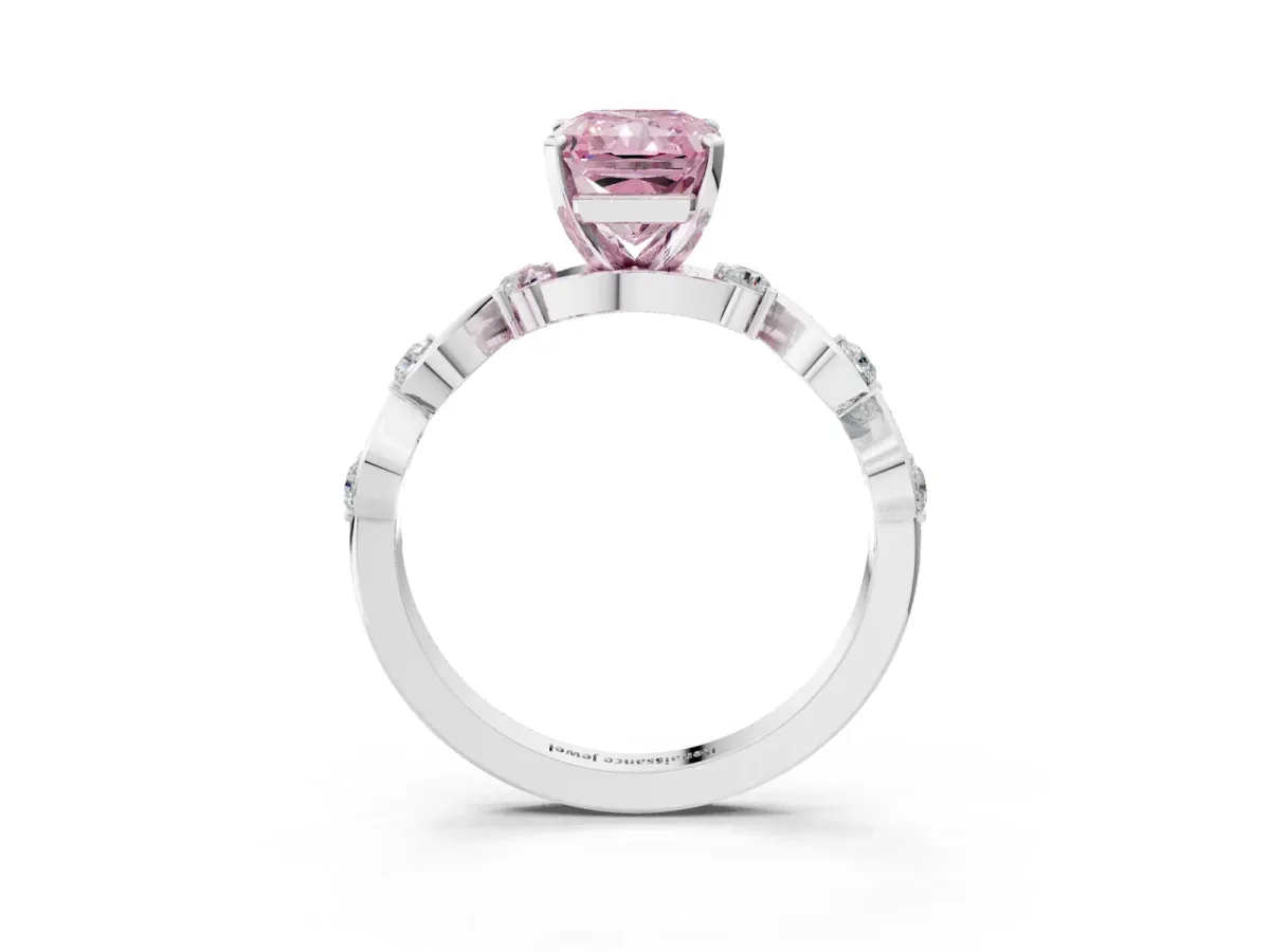 Fancy Pink Radiant Cut Diamond Solitaire Twisted Band with Round Accents and Prong Setting White gold