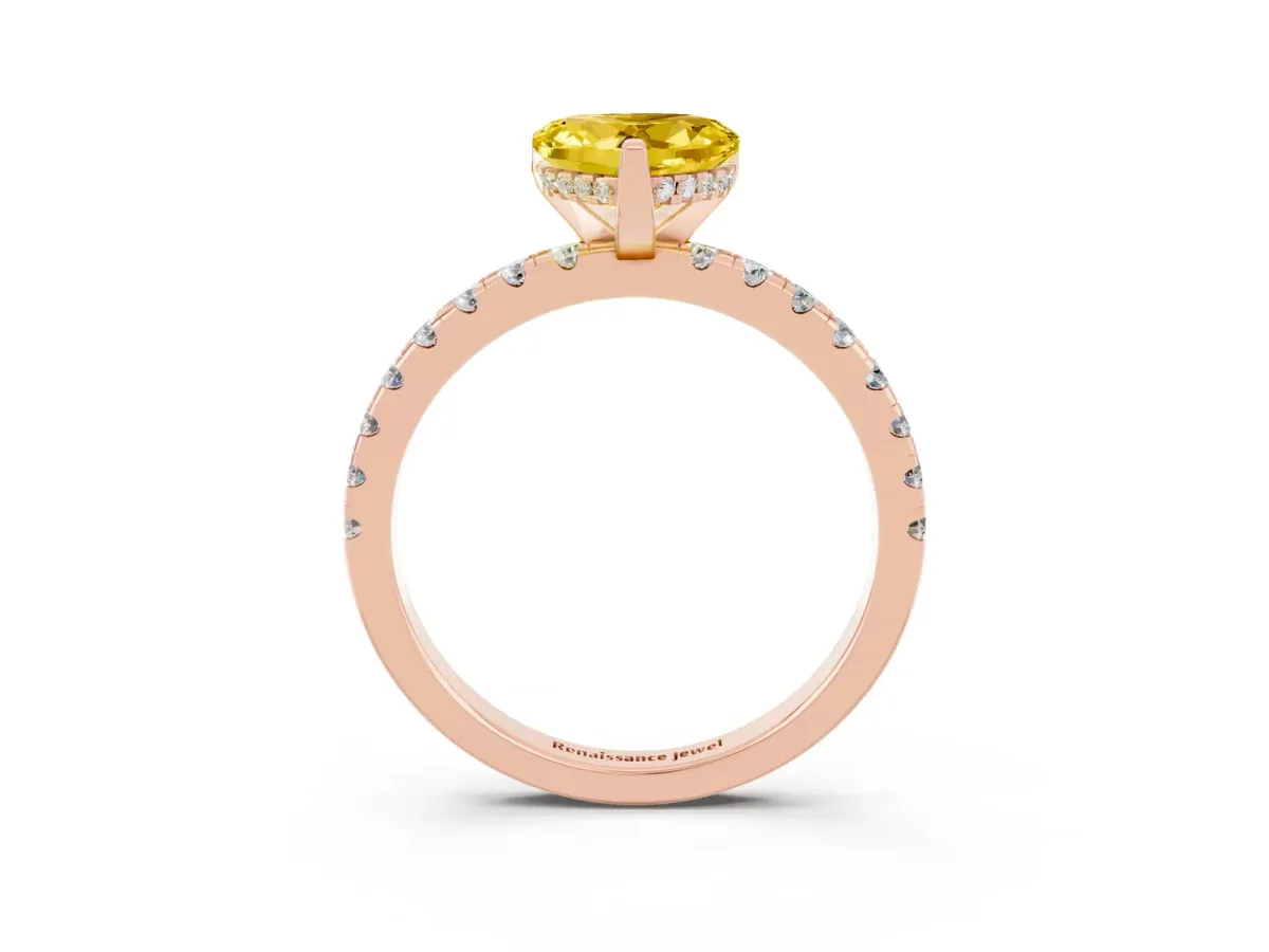 Heart Cut Yellow Sapphire Solitaire Ring with Round Pavé Band and Four-Prong Setting Rose gold