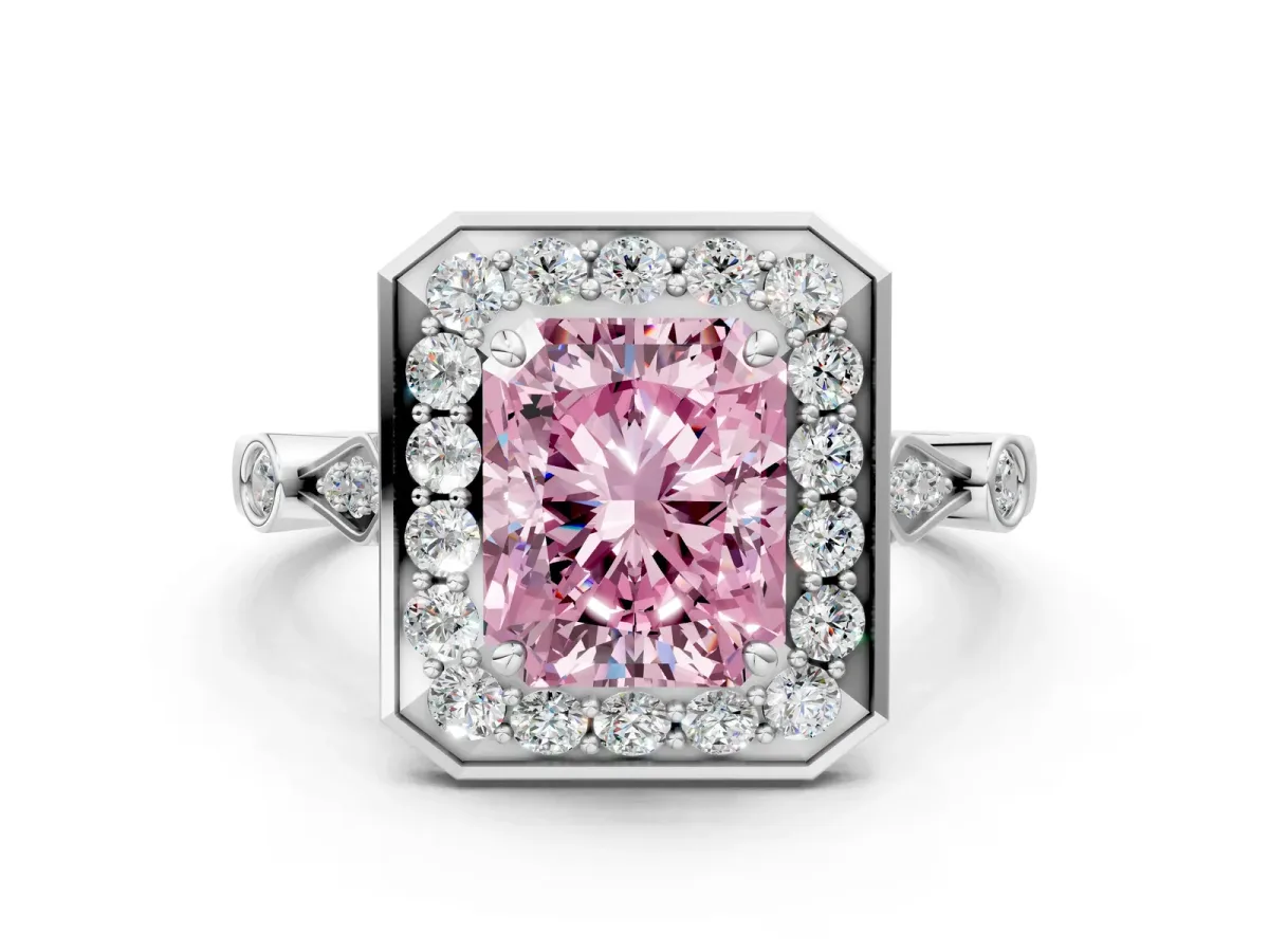 Fancy Pink Radiant Cut Halo Diamond Engagement Ring with Twisted Band and Four-Prong Setting Platinum