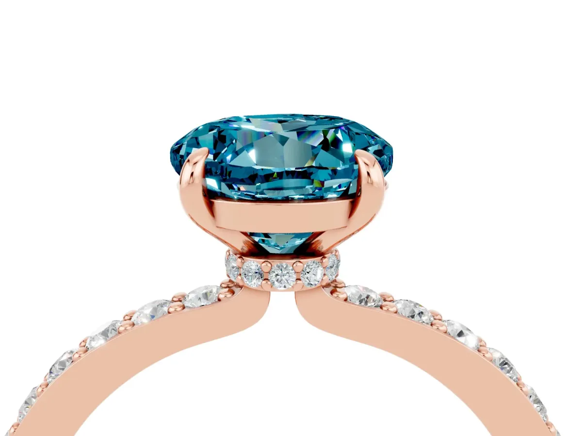 Round Cut Blue Topaz Solitaire Engagement Ring with Pavé Band and Four-Prong Setting Rose gold